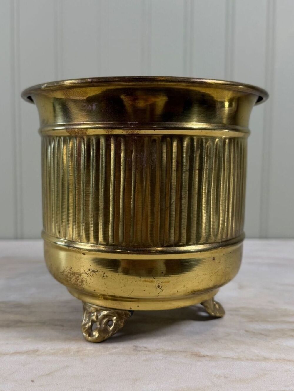 Vintage Footed Lacquered Brass Planter Cache Pot